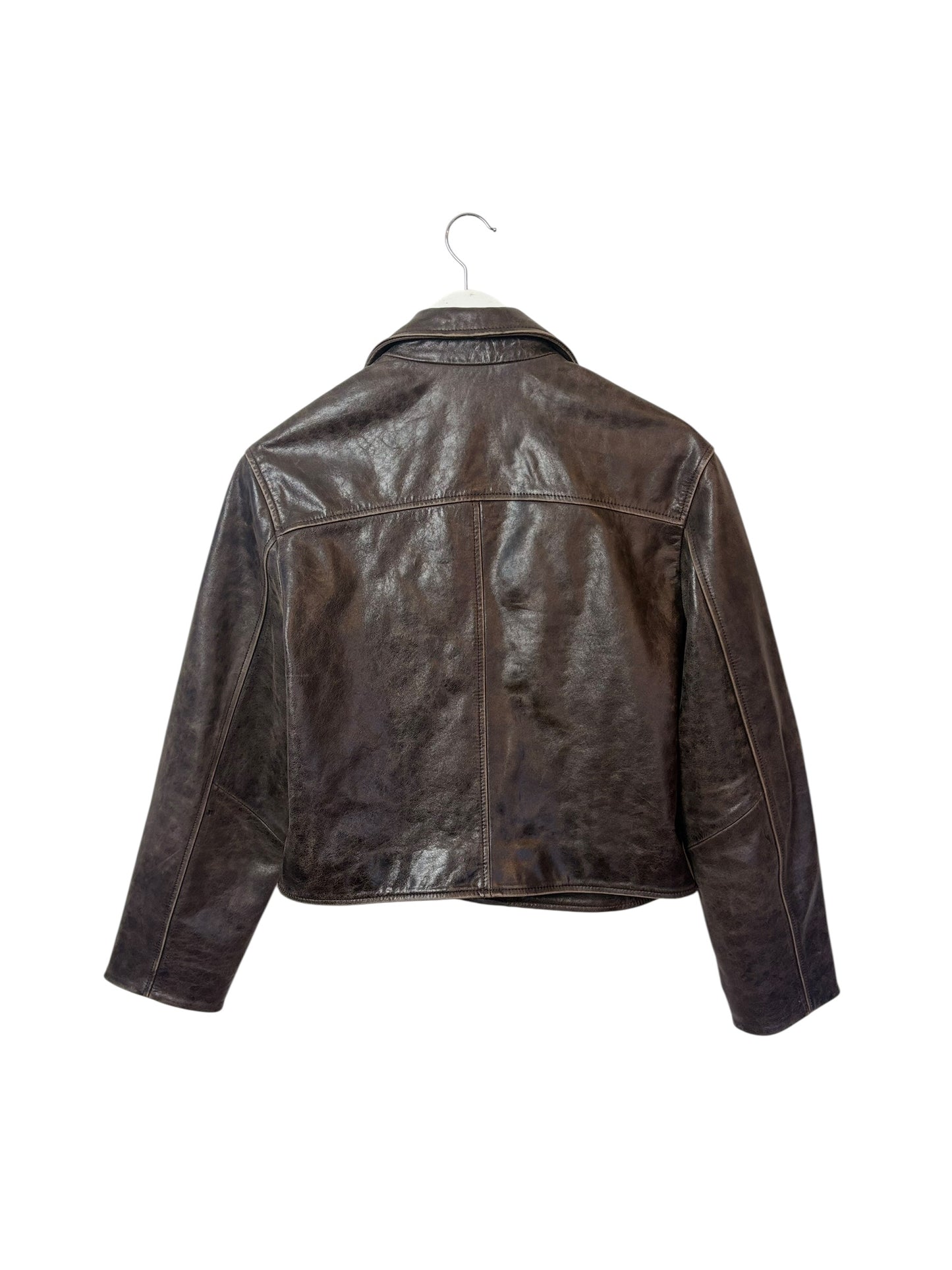 Massimo Dutti Womens Brown Distressed Leather Biker Moto Jacket Size S