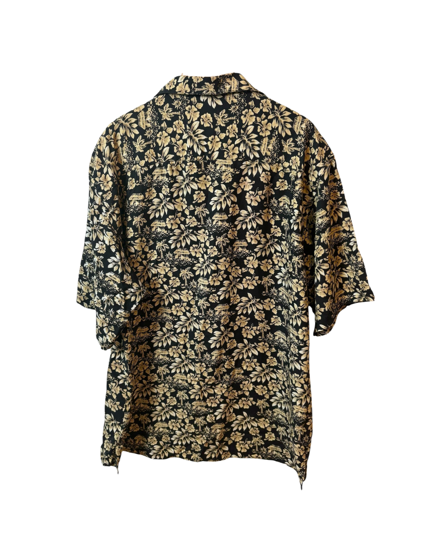 Vintage Black Tan Shirt - Hawaiian Style - Tropical - Open Collar -Wood Buttons - L