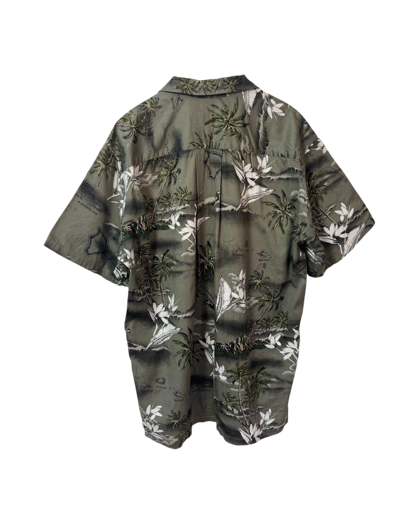 Vintage Grey Shirt - Hawaiian - Palm Trees - Flowers - Open Collar - Chest Pocket - L