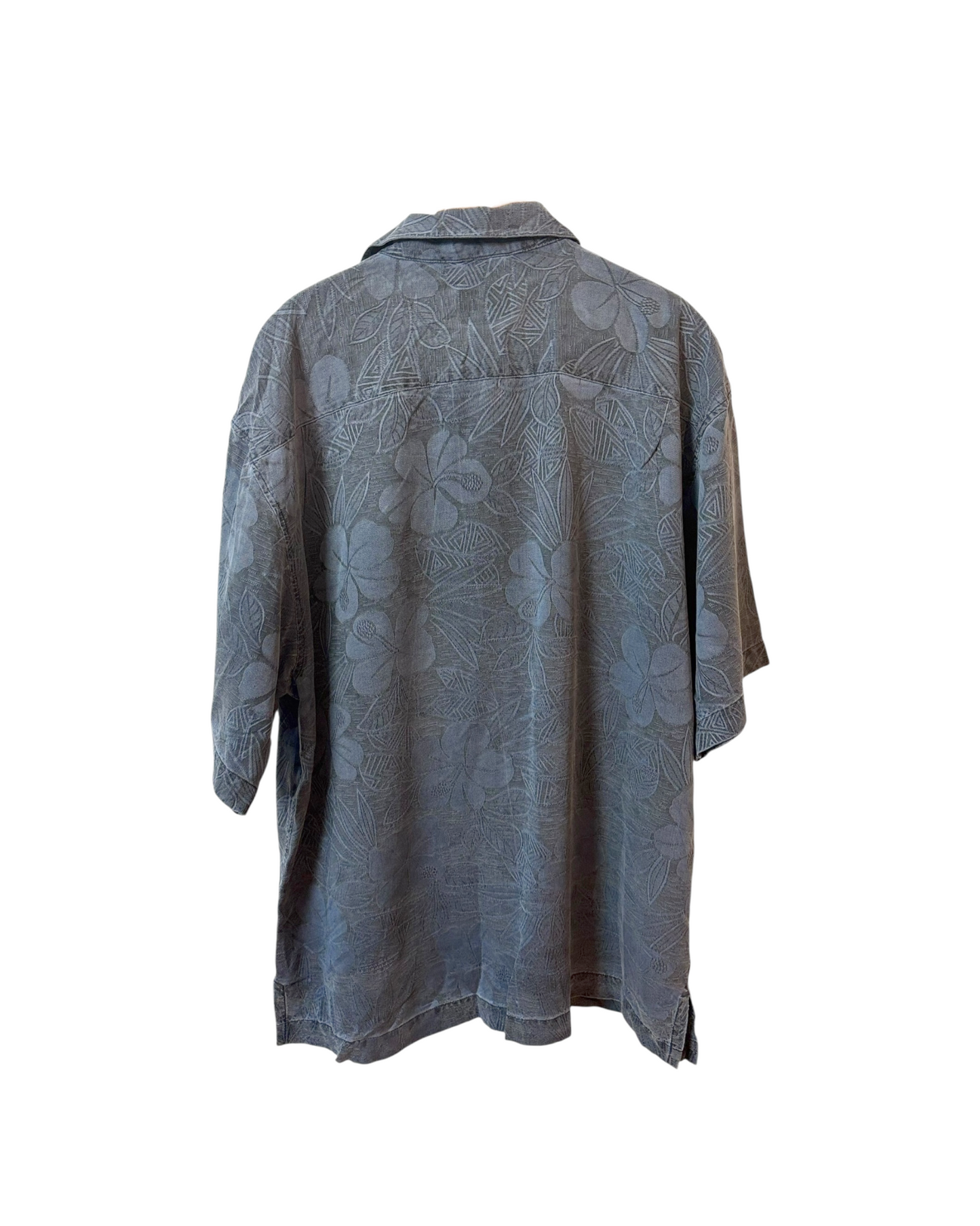 Vintage Light Grey Shirt - Silk - Flower Pattern - Front Pocket - Wood Buttons - XL