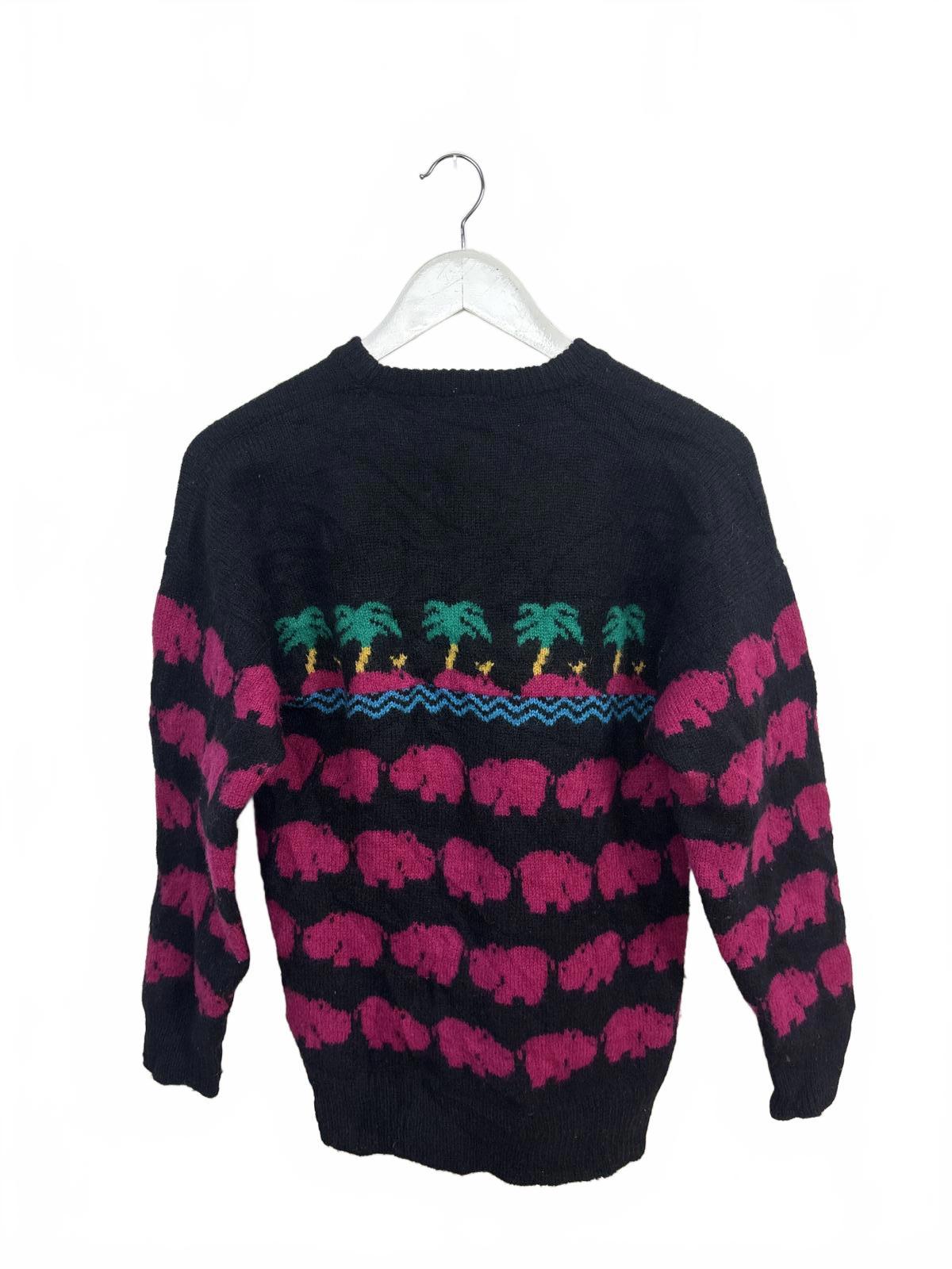 Vintage Chrissy Norman Womens Crew Neck Sweater Hippo Palm Tree Pattern Small