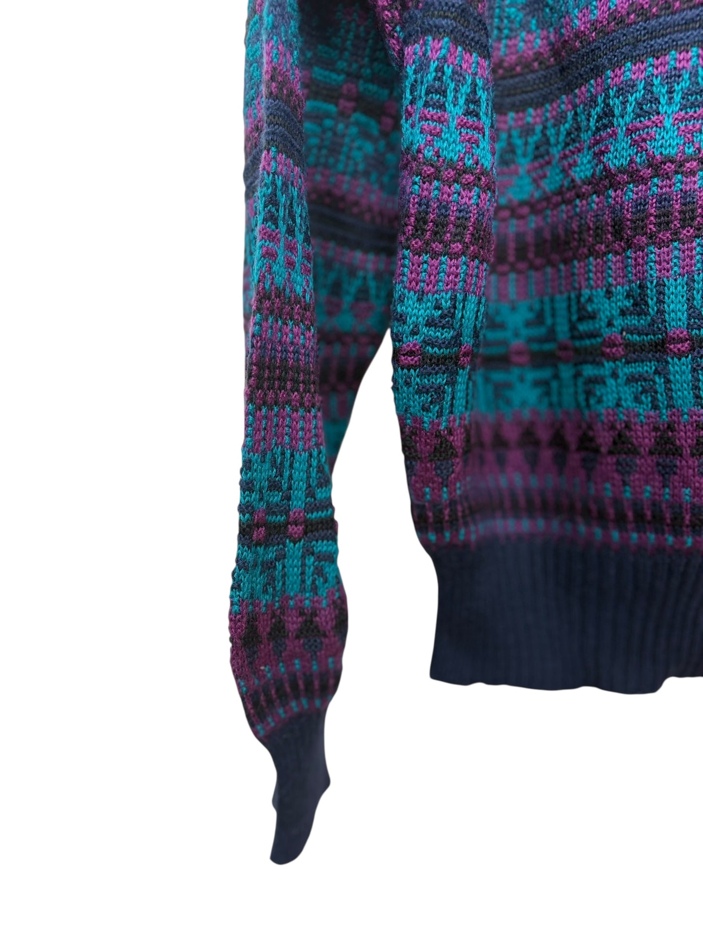 Vintage 90s Obermeyer Sweater Purple Navy Aztec Geometric Knit Crewneck Size L