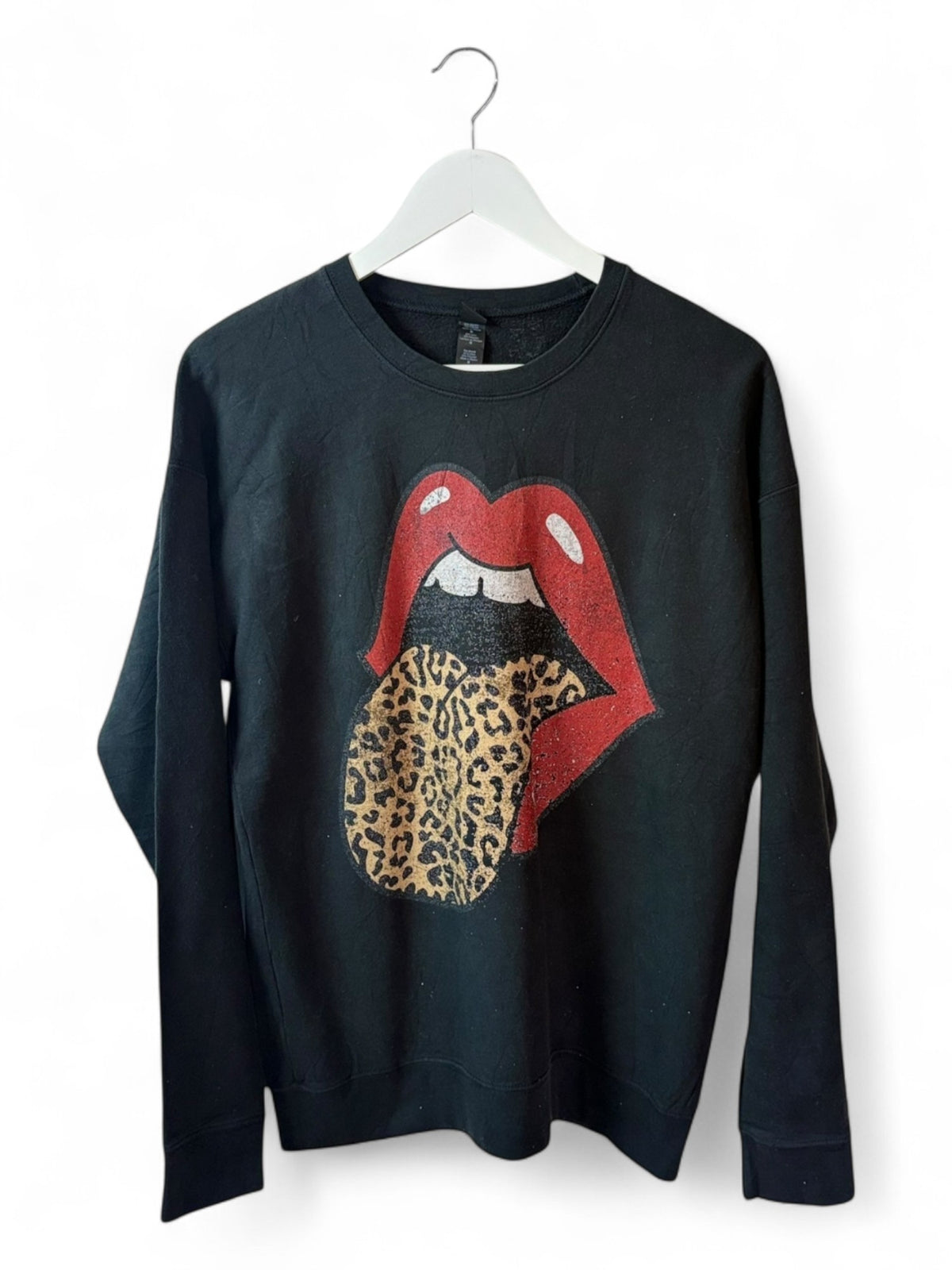 Rolling Stones Womens Black Crew Neck Sweatshirt Leopard Tongue Size L