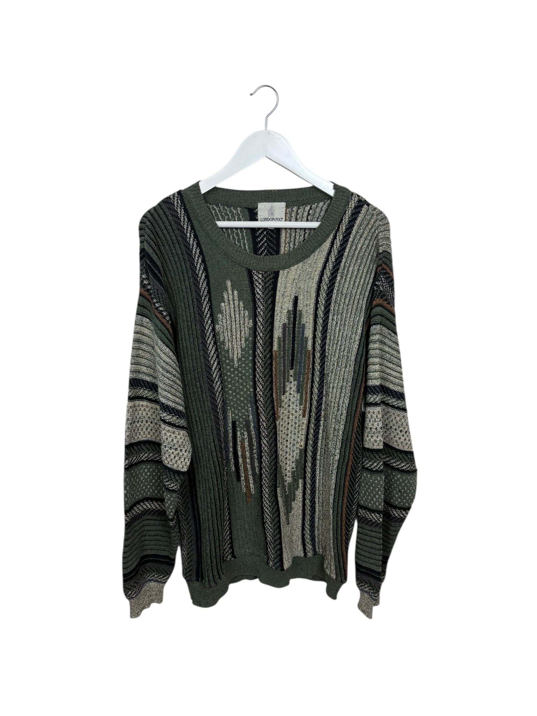 London Fog Womens Green Geometric Knit Crewneck 90s Sweater Size 