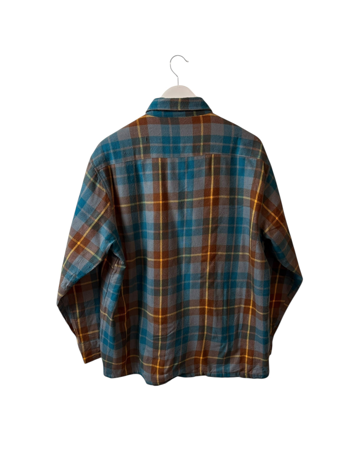 Vintage Charleston Bay Mens Blue Tan Plaid Flannel Shirt Button Up Size L
