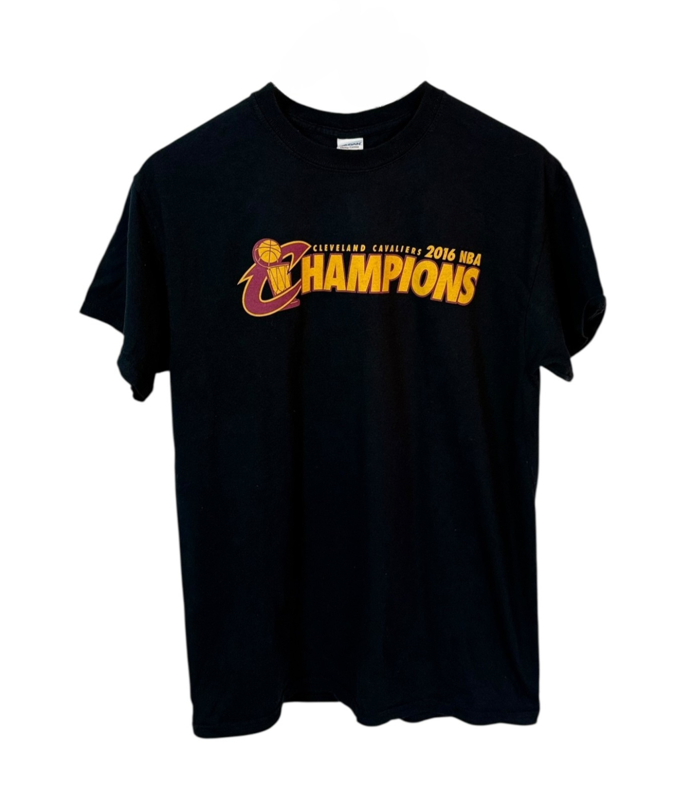 Black Cleveland Cavaliers t-shirt from the 2016 season, featuring the classic team logo in bold yellow and red.