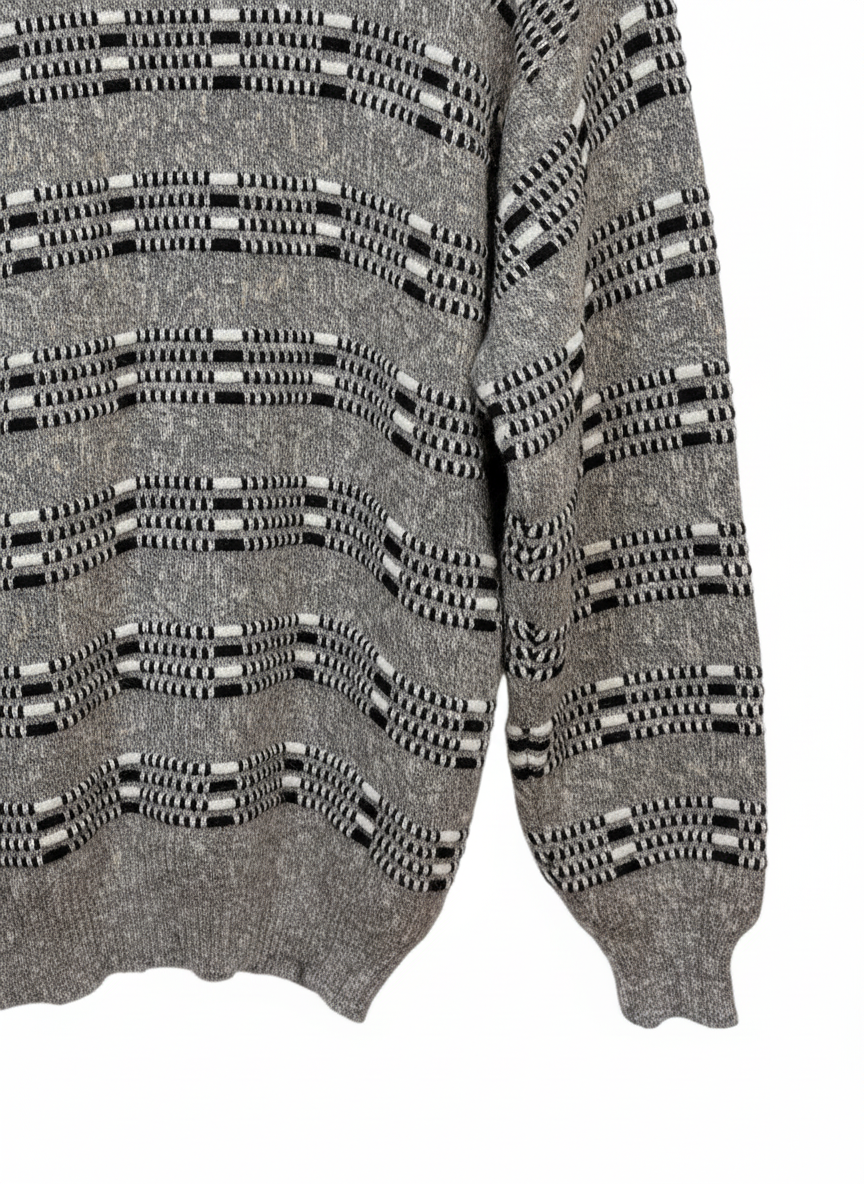 Jed 90s Unisex Geometric Pattern Knit Crewneck Sweater Grey Black Size M