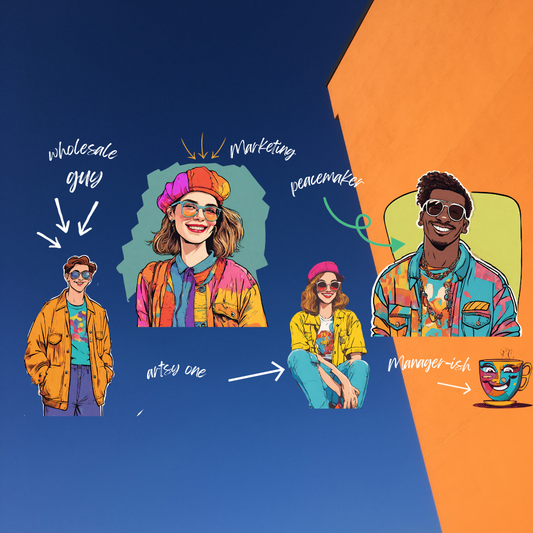 Cartoon image of team members of Kalamazoo Vintage blue and orange background 