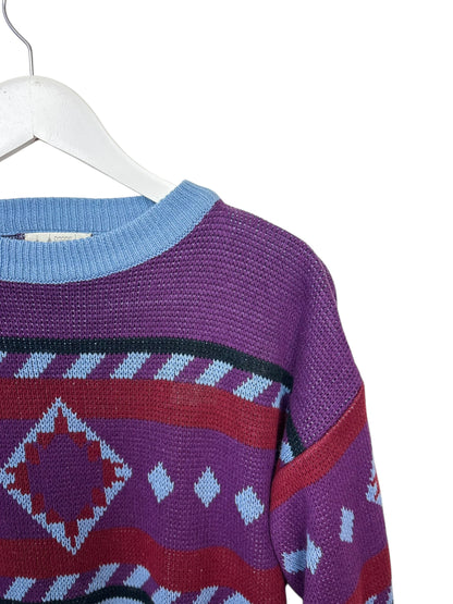 Château Unisex 80s Purple Geometric Knit Crewneck Acrylic Sweater Medium