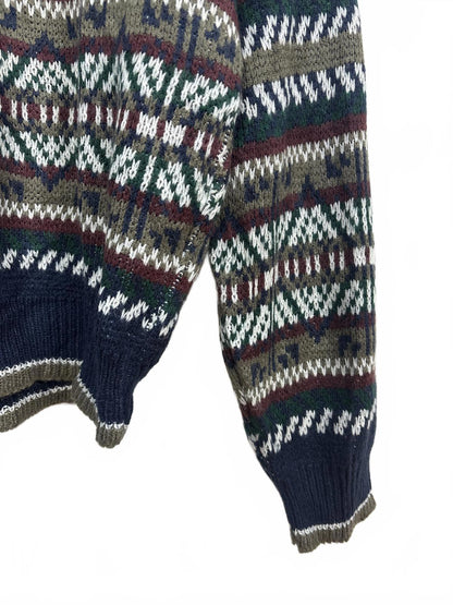 Vintage 90s Honors Geometric Patterned Navy Khaki Crew Neck Sweater M-L