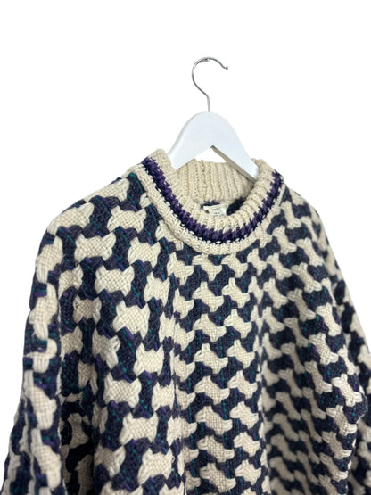 La Paz 90s Mens Purple Geometric Pattern Wool Knit Sweater Cream L