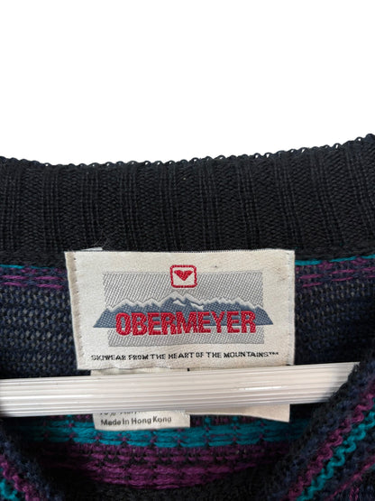 Vintage 90s Obermeyer Sweater Purple Navy Aztec Geometric Knit Crewneck Size L