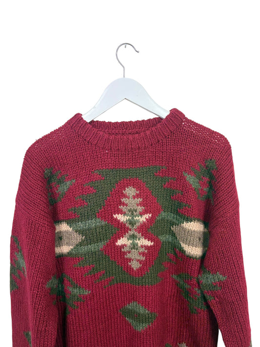 Vintage Eddie Bauer 90s Burgundy Aztec Thick Knit Sweater Size L