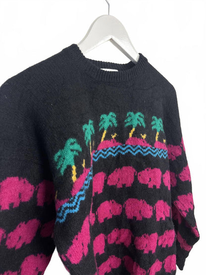 Vintage Chrissy Norman Womens Crew Neck Sweater Hippo Palm Tree Pattern Small