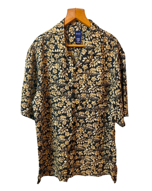 Vintage Black Tan Shirt - Hawaiian Style - Tropical - Open Collar -Wood Buttons - L