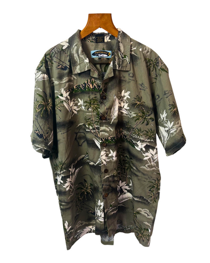 Vintage Grey  Shirt - Hawaiian - Palm Trees - Flowers  - Open Collar - Chest Pocket  - L