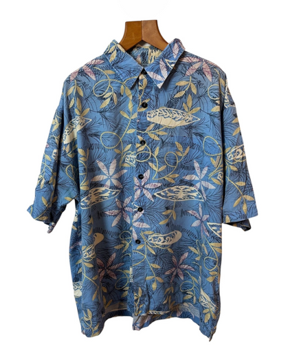 Vintage Blue Floral Shirt - Hawaiian- Beige - Floral Pattern - Symbols - Relaxed Collar - Chest Pocket - XL