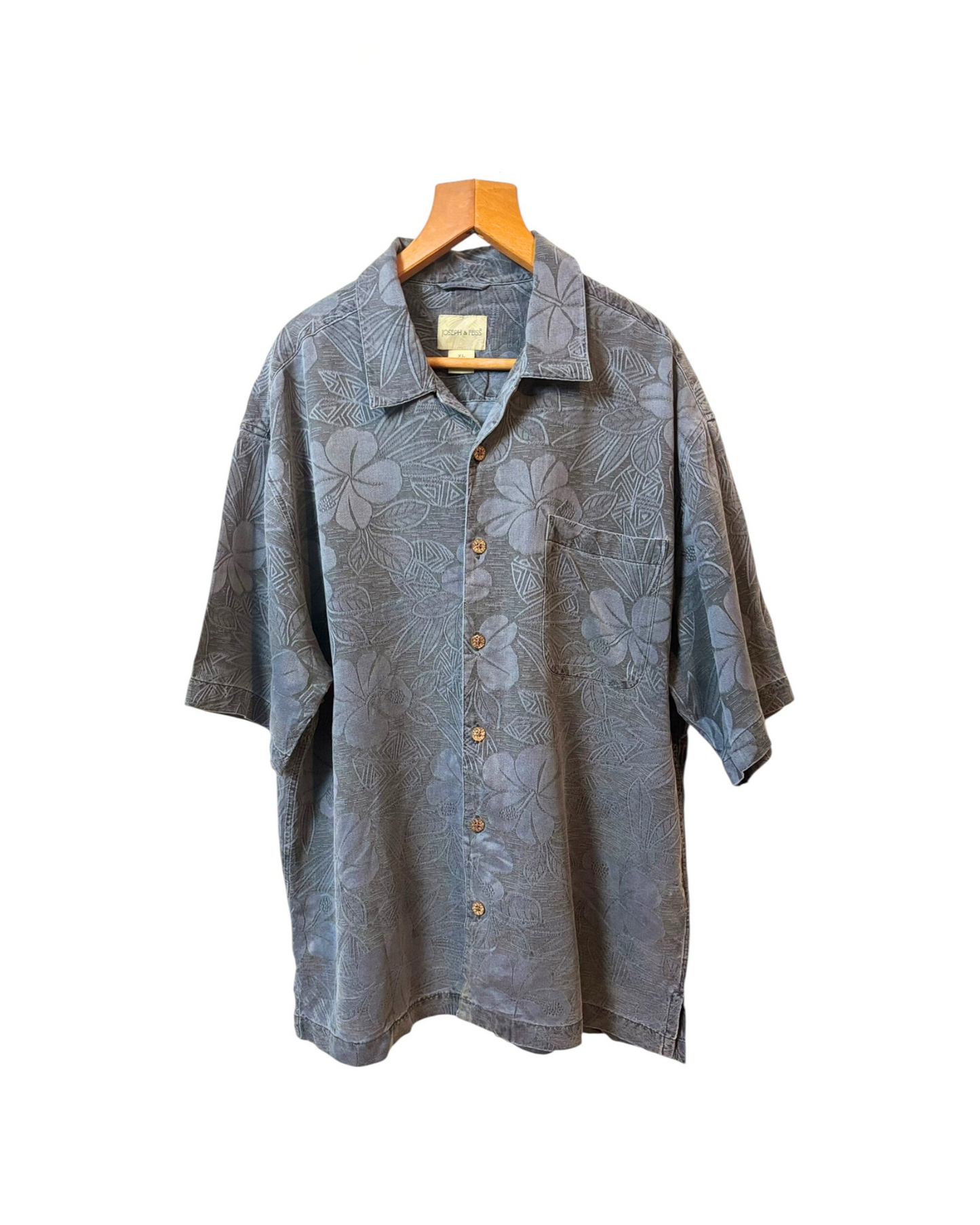 Vintage Light Grey  Shirt - Silk - Flower Pattern - Front Pocket - Wood Buttons - XL