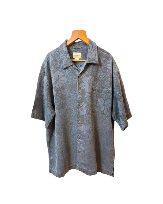 Vintage Light Grey  Shirt - Silk - Flower Pattern - Front Pocket - Wood Buttons - XL