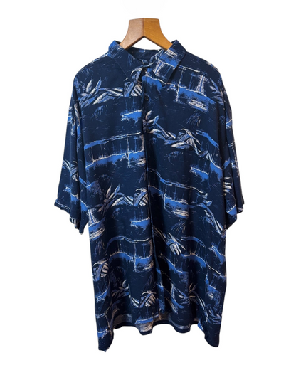 Vintage Blue Shirt - Boat Pattern - Sea Blue - Button up - Pocket - Open Collar -XXL