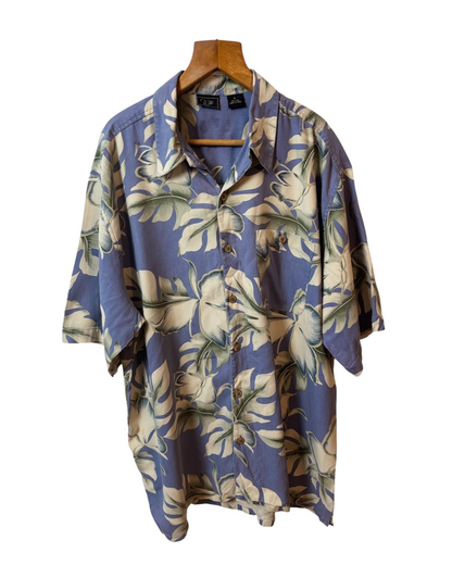 Vintage Silk Shirt - Floral - Lavender - Hawaiian - White Flowers  -Relaxed Collar - XL