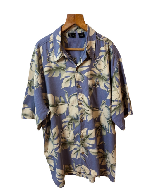 Vintage Silk Shirt - Floral - Lavender - Hawaiian - White Flowers  -Relaxed Collar - XL