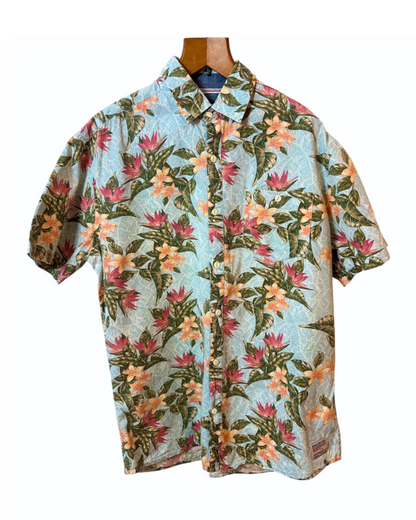 Vintage Floral Shirt - Hawaiian - Tropical - Blue - Green - Button-up - Chest Pocket - L