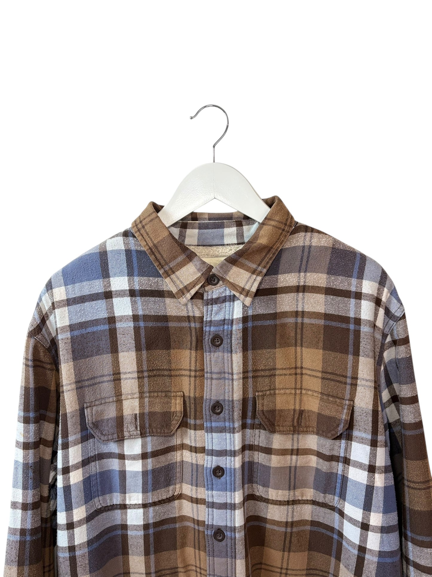 Old Navy Y2K Mens Brown Tan Plaid Flannel Shirt Size Large