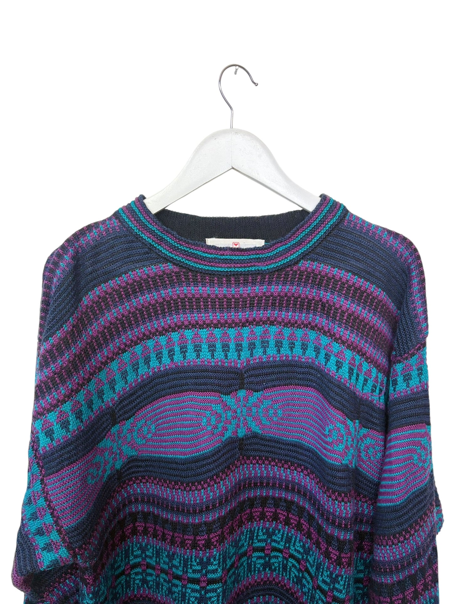 Vintage 90s Obermeyer Sweater Purple Navy Aztec Geometric Knit Crewneck Size L