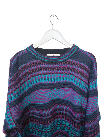 Vintage 90s Obermeyer Sweater Purple Navy Aztec Geometric Knit Crewneck Size L