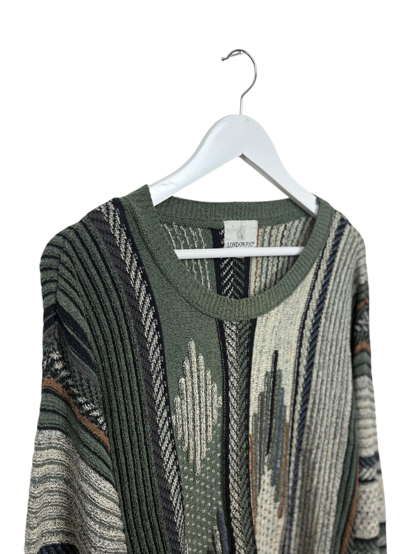 London Fog Womens Green Geometric Knit Crewneck 90s Sweater Size XL