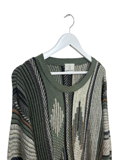 London Fog Womens Green Geometric Knit Crewneck 90s Sweater Size XL