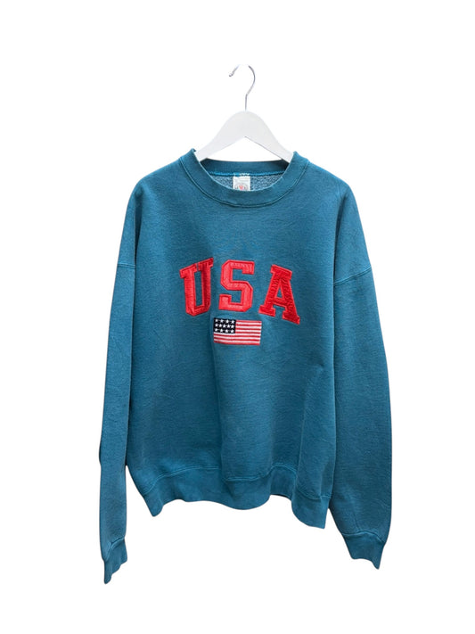 Vintage USA Flag Unisex Blue Crew Neck Sweatshirt Graphic Size XL
