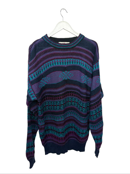 Vintage 90s Obermeyer Sweater Purple Navy Aztec Geometric Knit Crewneck Size L