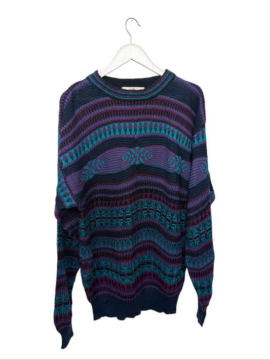Vintage 90s Obermeyer Sweater Purple Navy Aztec Geometric Knit Crewneck Size L