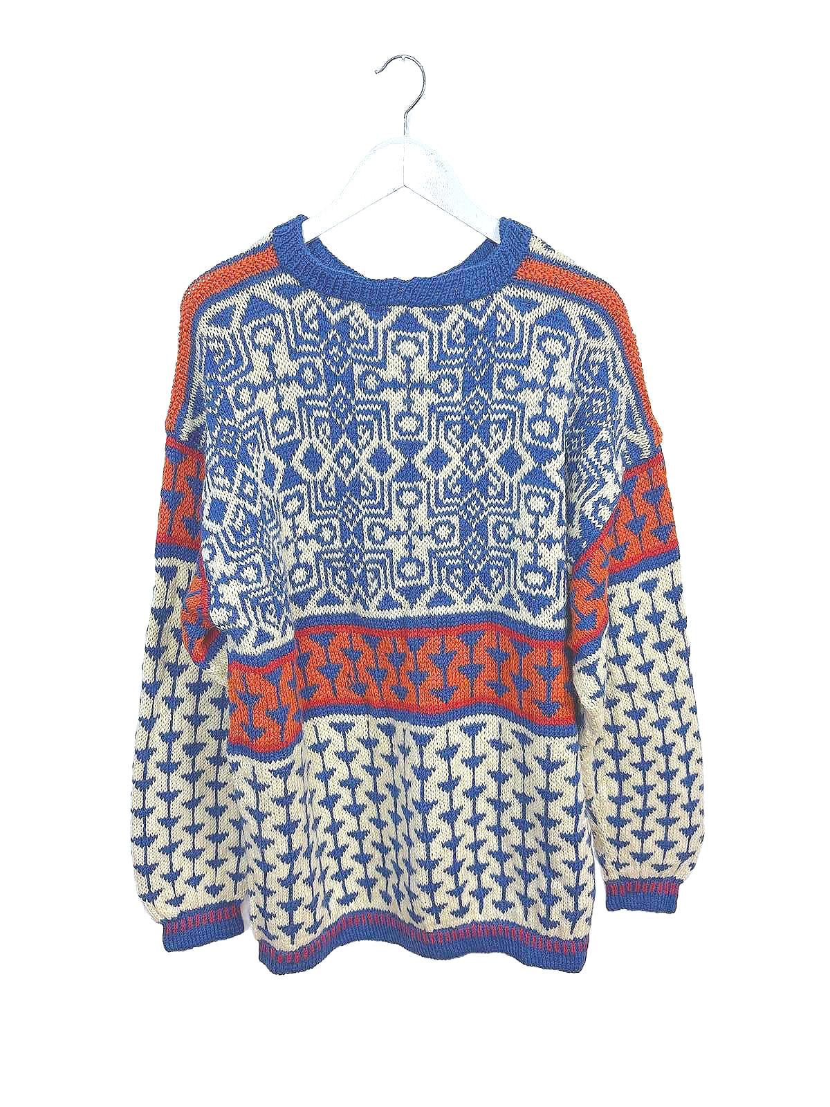 Vintage 90s Aztec Men's Sweater Geometric Patterns Blue Orange Multi-colour  XL
