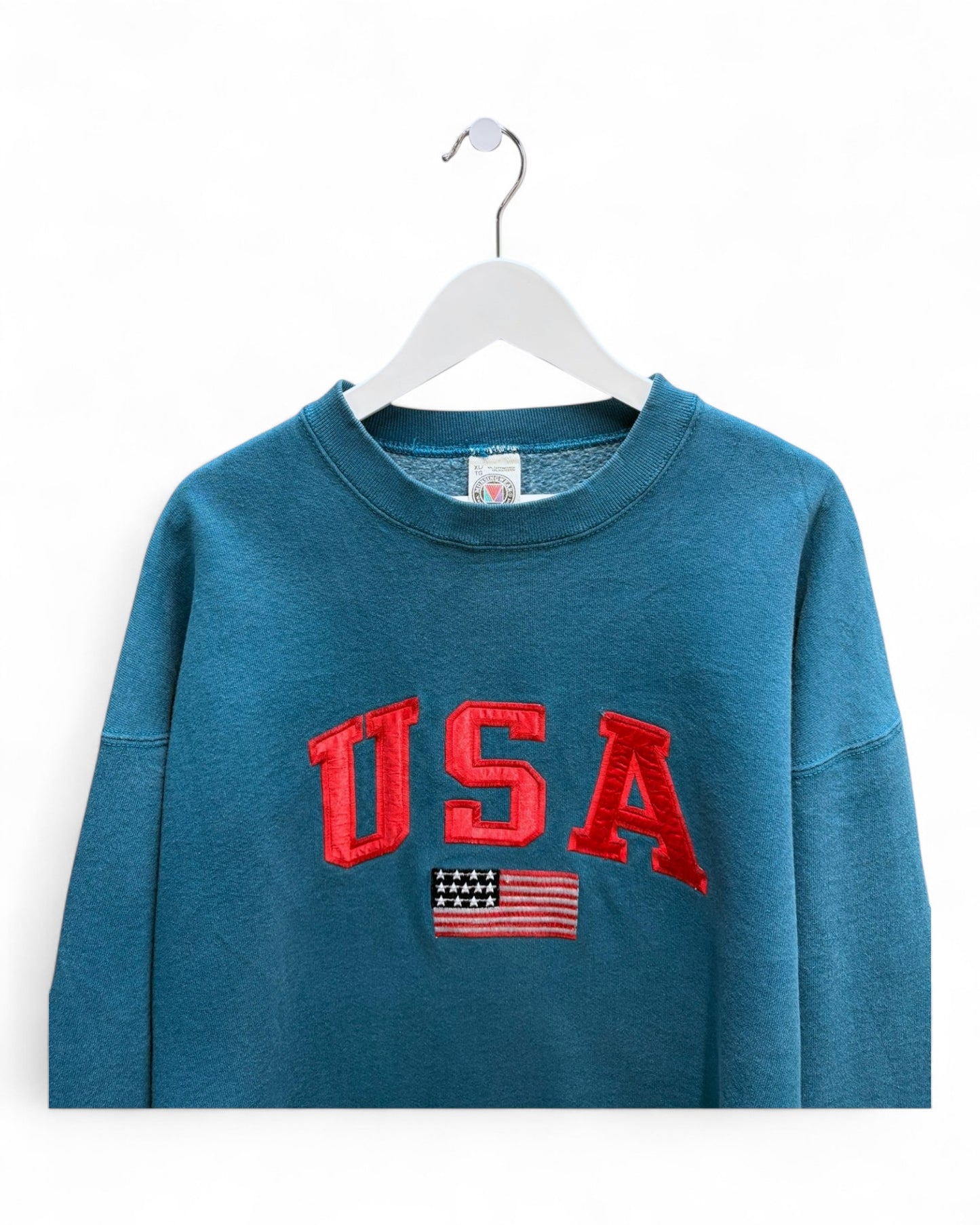 Vintage USA Flag Unisex Blue Crew Neck Sweatshirt Graphic Size XL