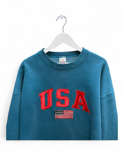 Vintage USA Flag Unisex Blue Crew Neck Sweatshirt Graphic Size XL