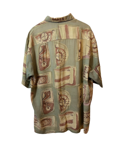 Vintage 90s shirt - Abstract- Sage Green - Beige - Clock - Classic Collar - L