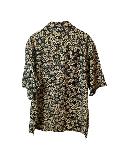 Vintage Black Tan Shirt - Hawaiian Style - Tropical - Open Collar -Wood Buttons - L