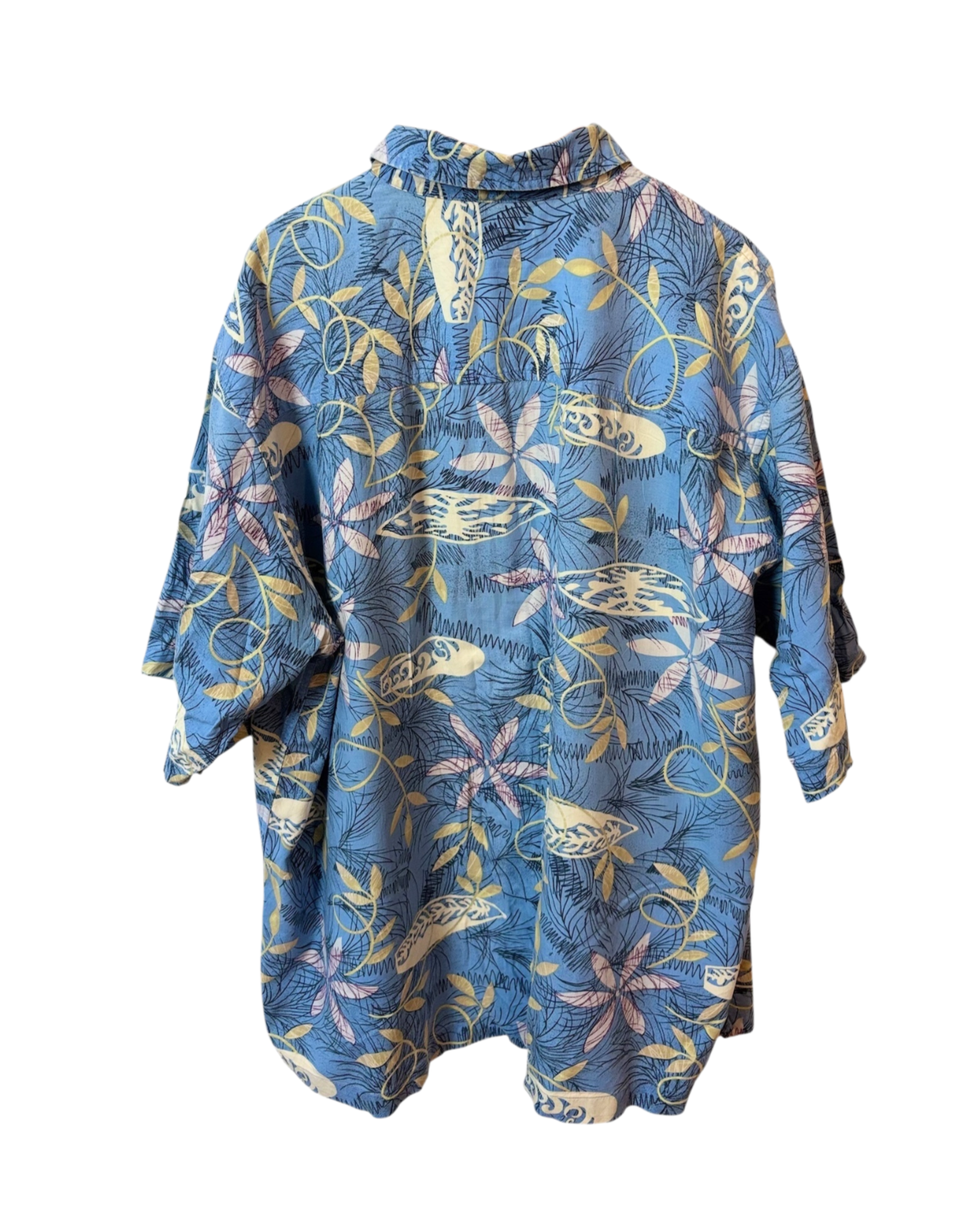 Vintage Blue Floral Shirt - Hawaiian- Beige - Floral Pattern - Symbols - Relaxed Collar - Chest Pocket - XL
