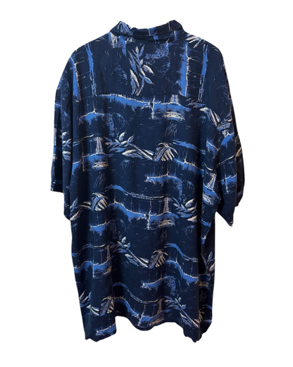 Vintage Blue Shirt - Boat Pattern - Sea Blue - Button up - Pocket - Open Collar -XXL