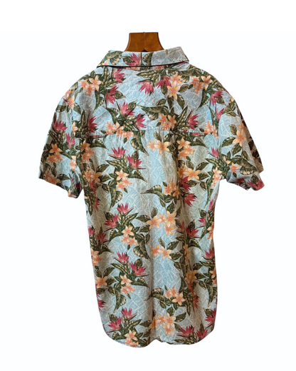 Vintage Floral Shirt - Hawaiian - Tropical - Blue - Green - Button-up - Chest Pocket - L