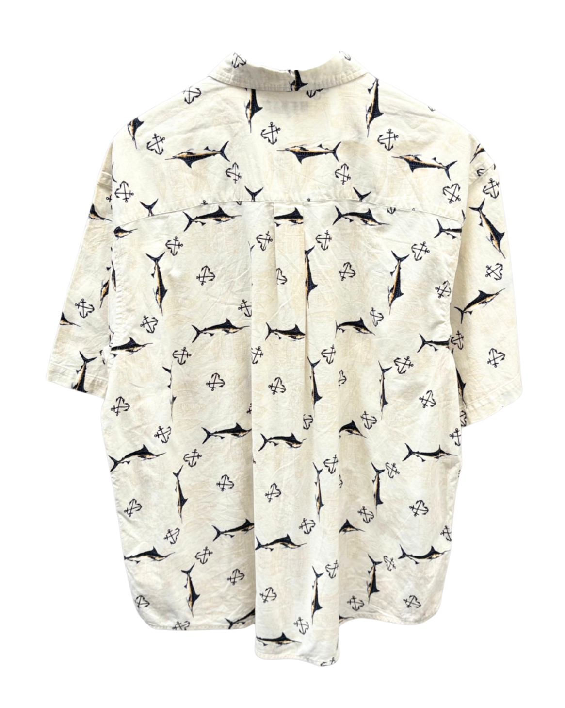 White shirt with black fish pattern on a white background