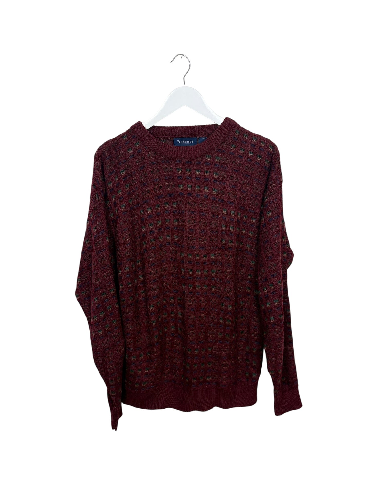 Van Heusen Mens Burgundy Geometric Knit Crewneck Acrylic Sweater Size M