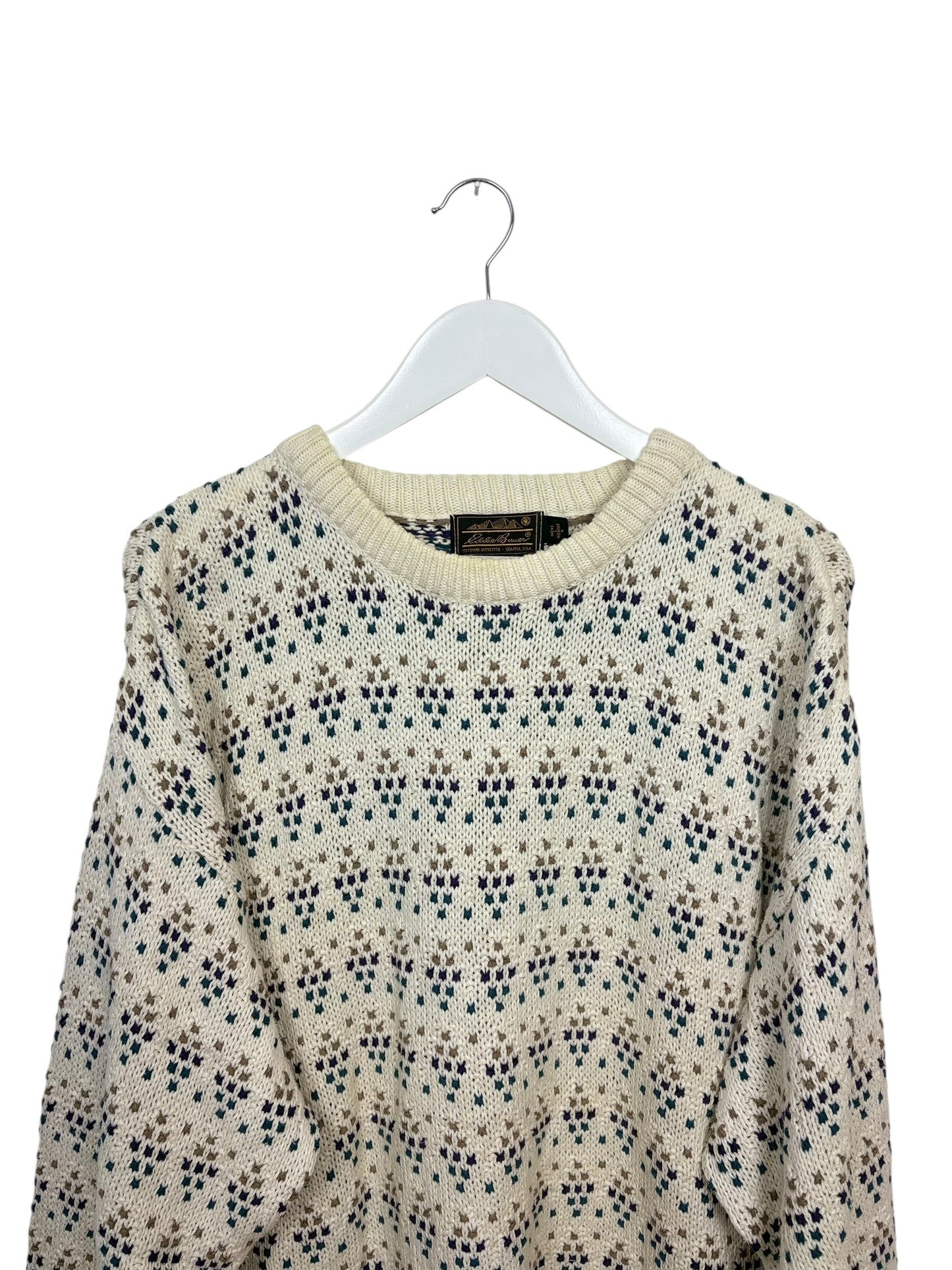 Vintage 90s Eddie Bauer Cream Geometric Knit Crewneck Sweater Size L