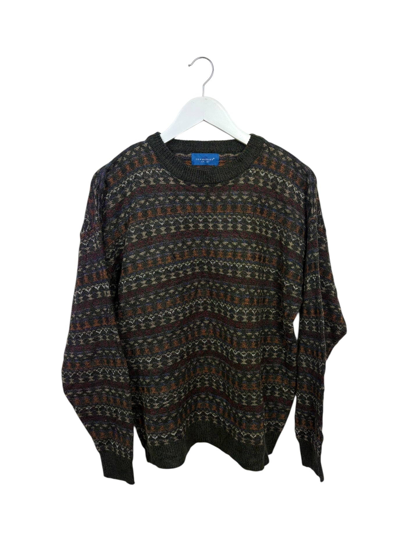 Towncraft 90s Unisex Grey Fair Isle Crewneck Knit Sweater Size M/L