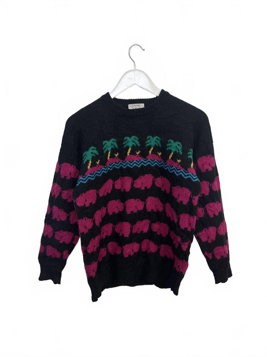 Vintage Chrissy Norman Womens Crew Neck Sweater Hippo Palm Tree Pattern Small