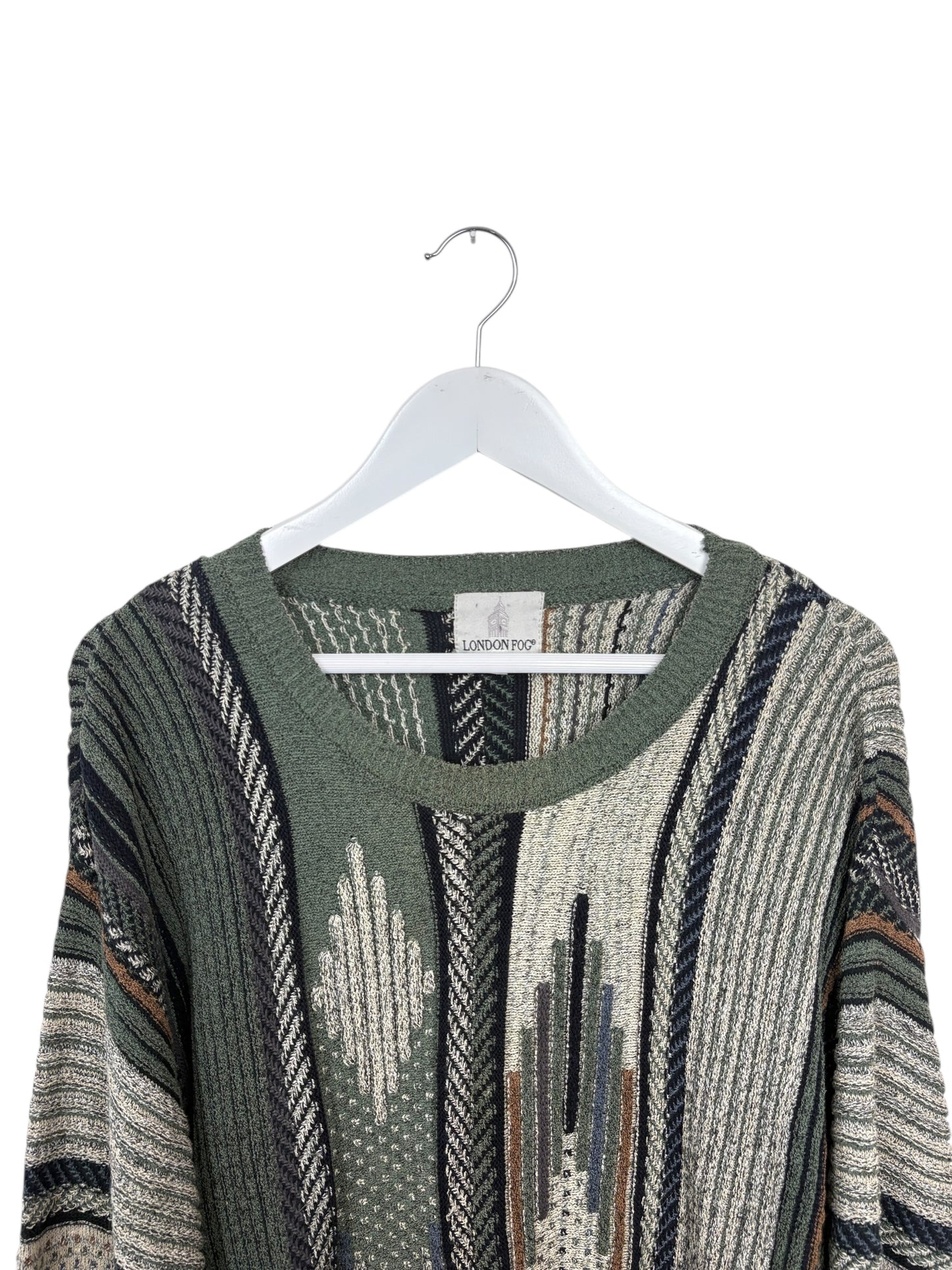 London Fog Womens Green Geometric Knit Crewneck 90s Sweater Size XL