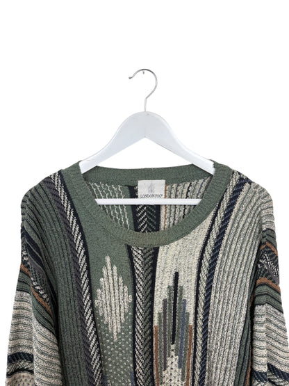 London Fog Womens Green Geometric Knit Crewneck 90s Sweater Size XL
